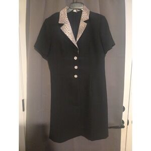 Bahari Black Sheath Dress, Women's Size 14, Leopard Print Collar, Button Detail